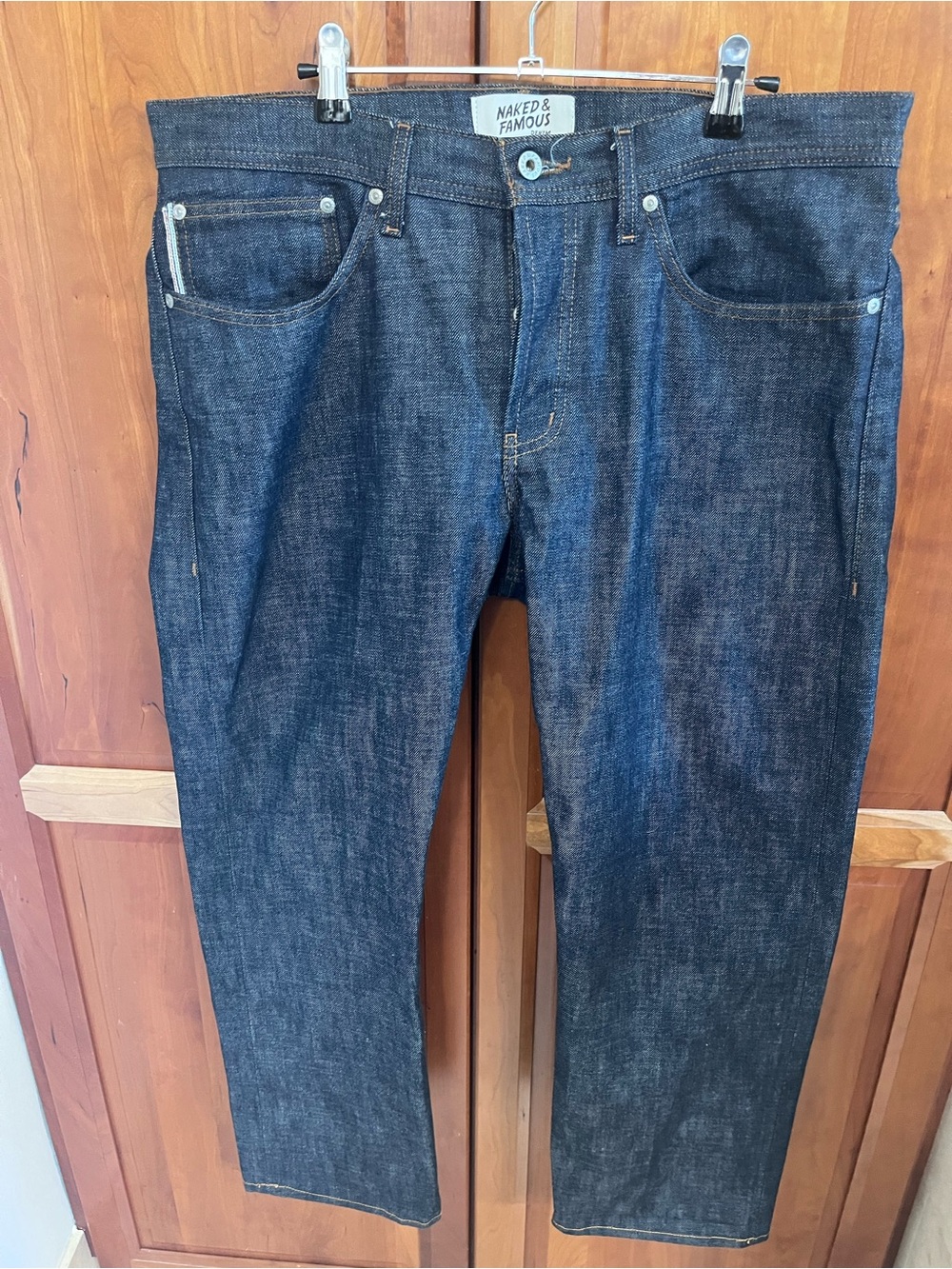 Naked & Famous Indigo Selvedge with red and blue limited release VOTE jeans